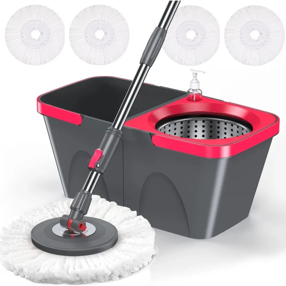 Spin Mop and Bucket with Wringer Set for Floor Cleaning -Floor Mop and Bucket System with 4 pcs Microfiber Washable Mop Head