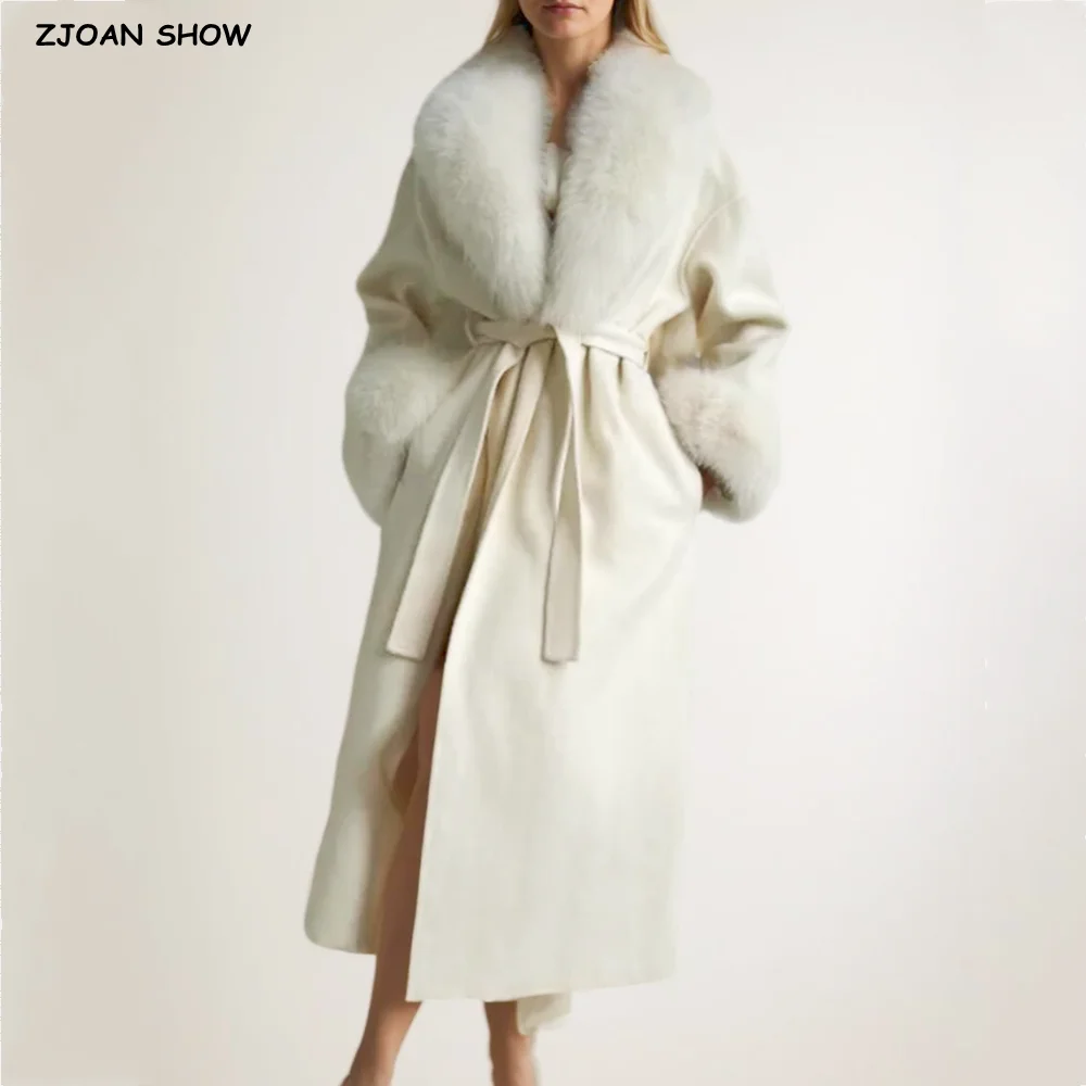 

2025 ШИКАРОсенне-зимнее длинное шерстяное пальто цвета слоновой кости с лацканами из искусственного меха, женское пальто с завязками и бантом, поясом, длинным рукавом, без пуговиц, Тренч, верхняя одежда