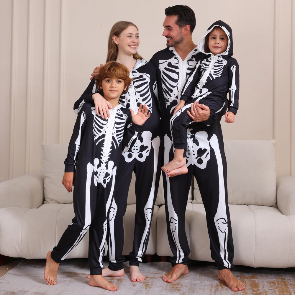 

Hot Halloween One-Piece Pajamas Skeleton Pumpkin Print Family Matching Outfits Holiday Mother Kids Clothes Cute Baby Clothes