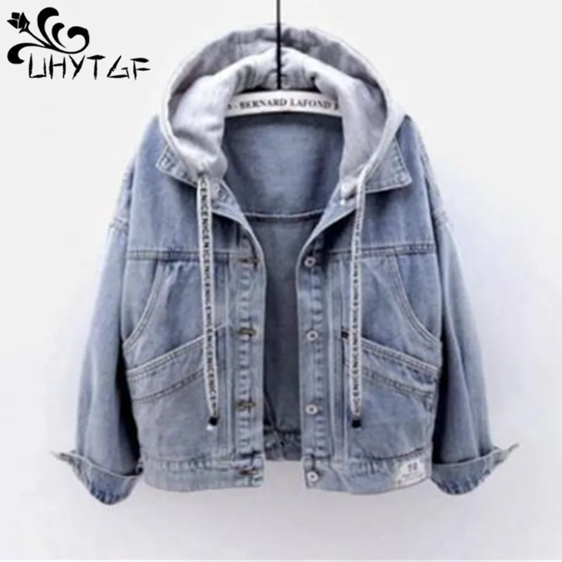 

UHYTGF Denim Jacket Women New Hooded Plush Warm Autumn Winter Cowboy Coat Female Solid Casual Student Short Jeans Outerwear 2434