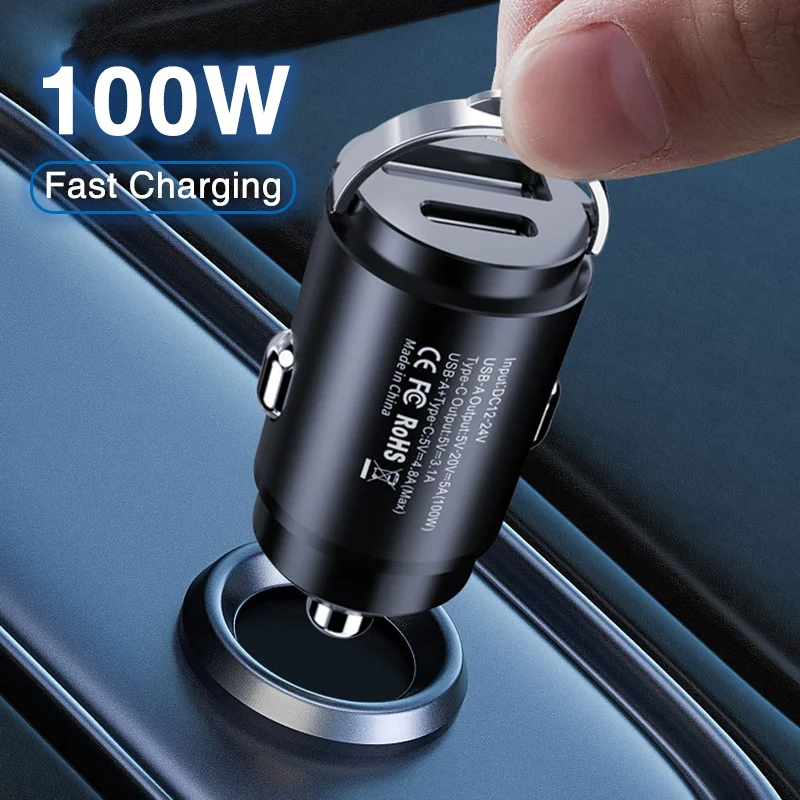 Car Charger USB Type C PD 100W Fast Charging Mini Adapter 12V/24V QC3.0 for iPhone 13 14 12 11 8 Plus iPad Huawei Samsung Xiaomi