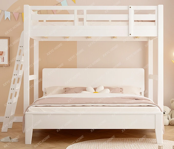 Elevated Bed Staggered Bunk Bed Child and Mother Dislocation Bunk Bed Bunk Bed White Height-Adjustable Bed Combination