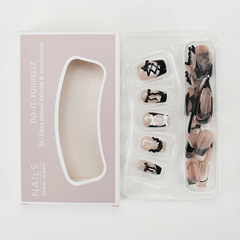 30 Stück Lothic Lolita 3D Schleife Spitze Perle Aufklebenägel Schwarz Weiß Französische Falsche Nägel Mittellange Vollabdeckung Nagelspitzen für Frauen & Mädchen – Detail 5