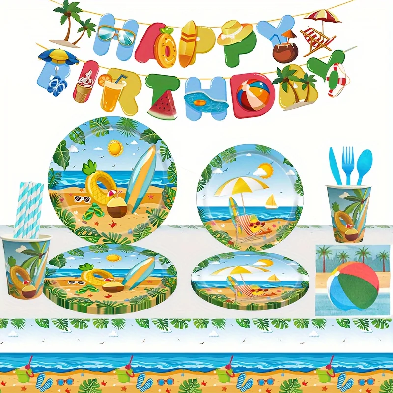 

92 piece set of Hawaiian themed birthday party decorations, summer beach paper trays, cups, tablecloths, decorative items