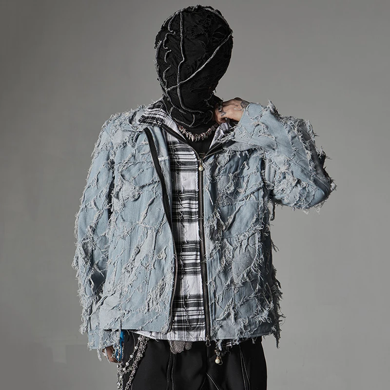 PFNW Men's Denim Jackets Fake Two-piece Patchwork Worn-out Raw Edge Turn-dwon Collar Loose Male Coats New Menwear Chic 12C779