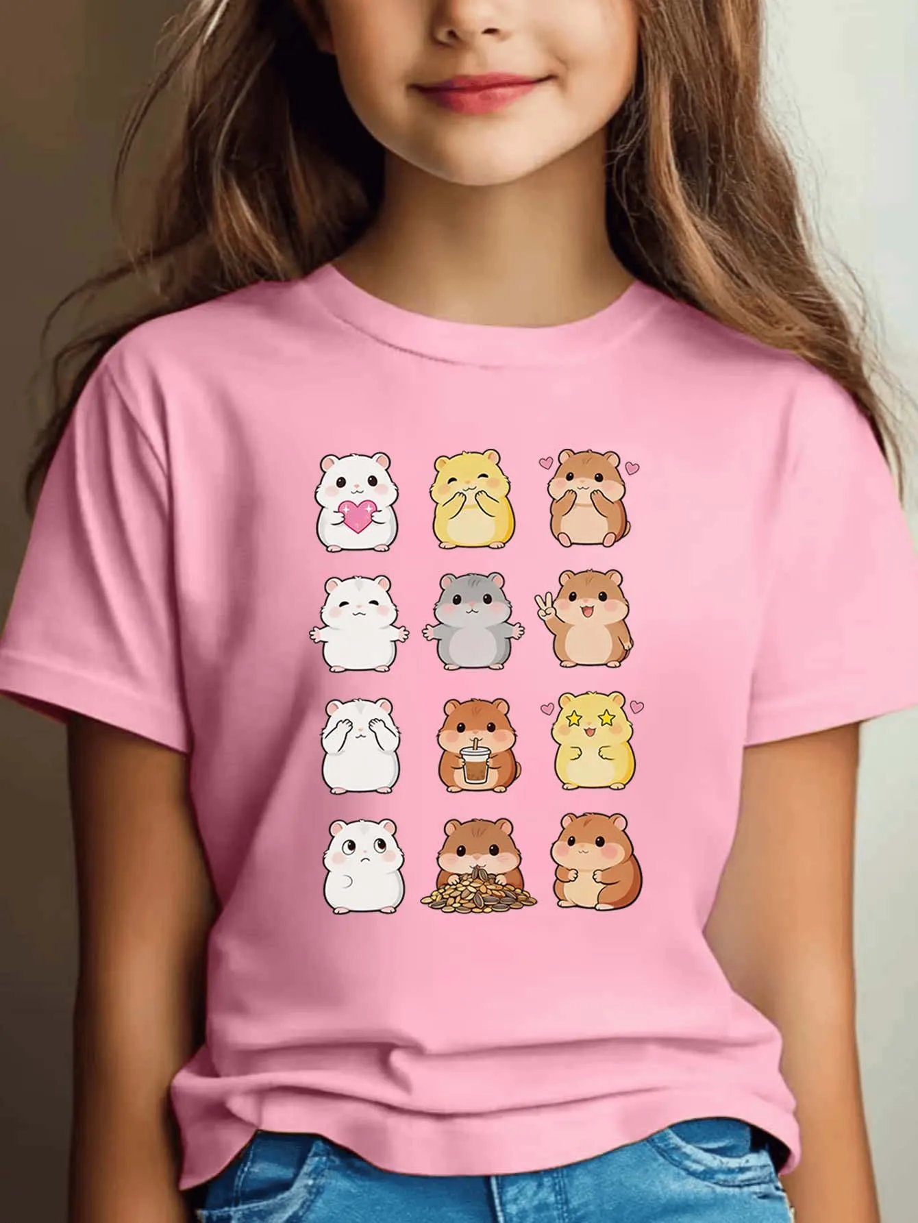 Multi Expression Hamster Cartoon Print Boys Girls T Shirt Lovely Animal Kids Tee Parent Child Matching Summer Family Daily Tops