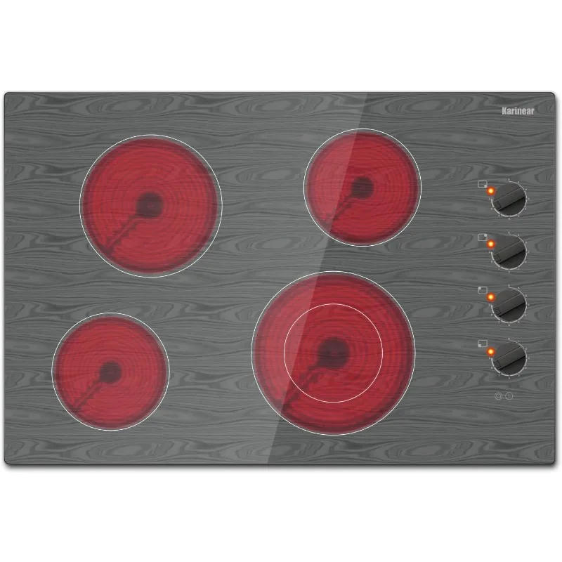 Electric Cooktop, Knob Control Electric Stove Glass Cooktop with Beautiful Wooden Pattern, Built-in Radiant Ceramic Cooktop