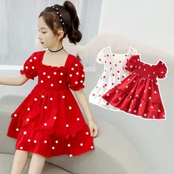 Dress For Girls Polka Dot Children Elastic Princess Dresses Short Sleeve Baby Dress Cotton 2023 Summer Kids Clothing