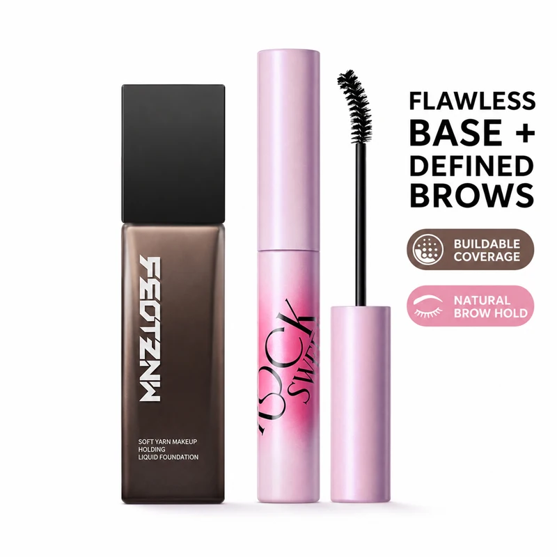 3PCS Makeup Set with 1 Liquid Foundation & 2 Tinted Brow Mascaras, Lightweight Easy-Blend Buildable Coverage Natural Finish Face Base, Water-Resistant Long-Lasting Eyebrow Gel Brow Tint for Fuller Defined Brows, Daily Natural Beauty Cosmetics Kit for Wome