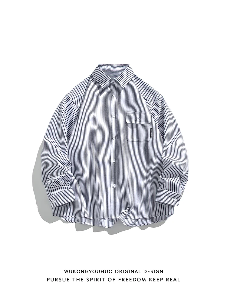 

Весенняя винтажная японская полосатая рубашка с длинным рукавом свободного кроя для мужчин, парная, повседневная, износостойкая, молодежная, модная