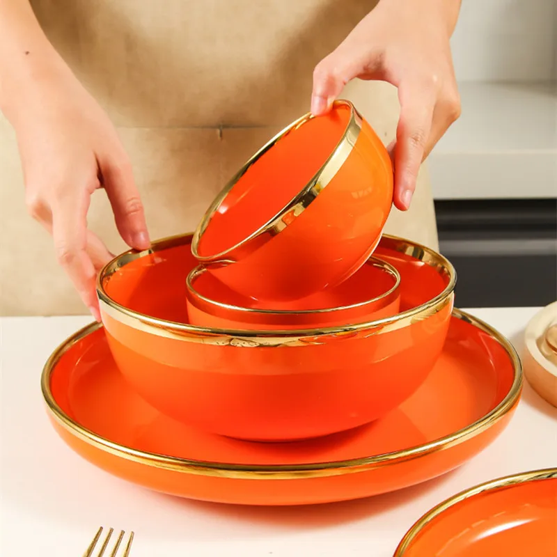 Bright Orange With Gold Rim Porcelain Kitchen Dinner Plate Ceramic Tableware Set Food Dishes Salad Bowls Spoons 1 Set