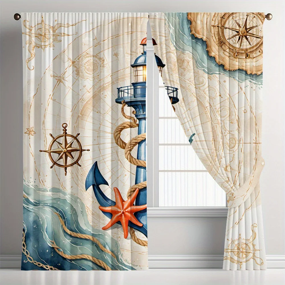 Nautical Lighthouse Curtains Set of 2 – Vintage Map & Maritime Motifs, Rod Pocket Light Filtering Drapes