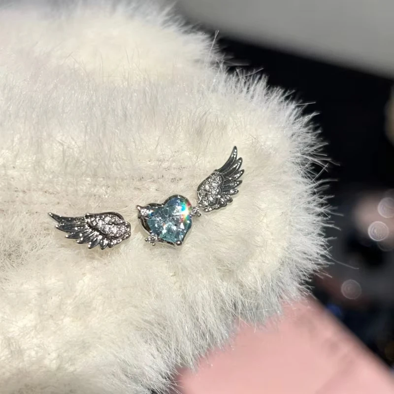 3pcs/set Sweet Fashion Angel Wings Heart Stud Earrings for Women Exquisite Shiny Blue Color Zircon Piercing Earrings Y2K Jewelry