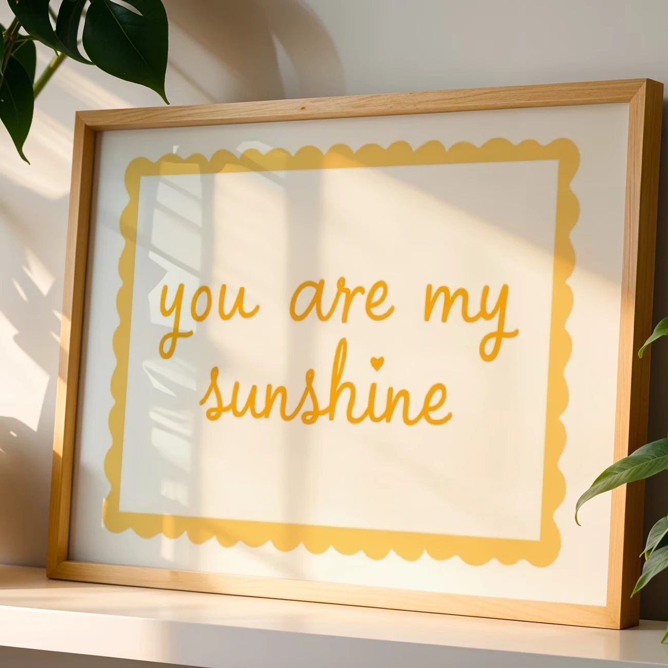 Modern You Are My Sunshine Quote Wall Art, Yellow Scallop Border Print, , Canvas Poster Print For Nursery & Bedroom Home Decor