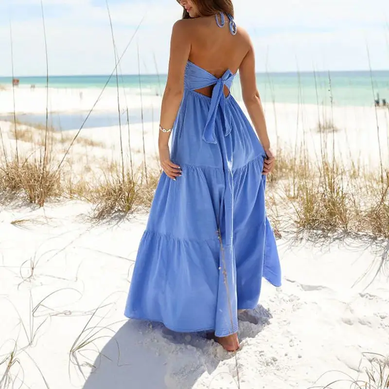 Combhasaki feminino verão rendas halter pescoço casual plissado hem cor sólida arco amarrado recorte sem costas solto flowy a linha vestido longo