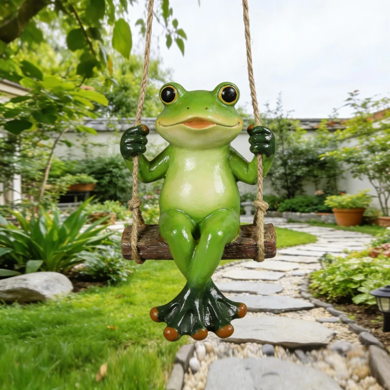 Easter Frog Statue Resin Garden Decor, Animal Swing Figurine for Courtyard Plants, Frog Ornament Outdoor Patio Yard