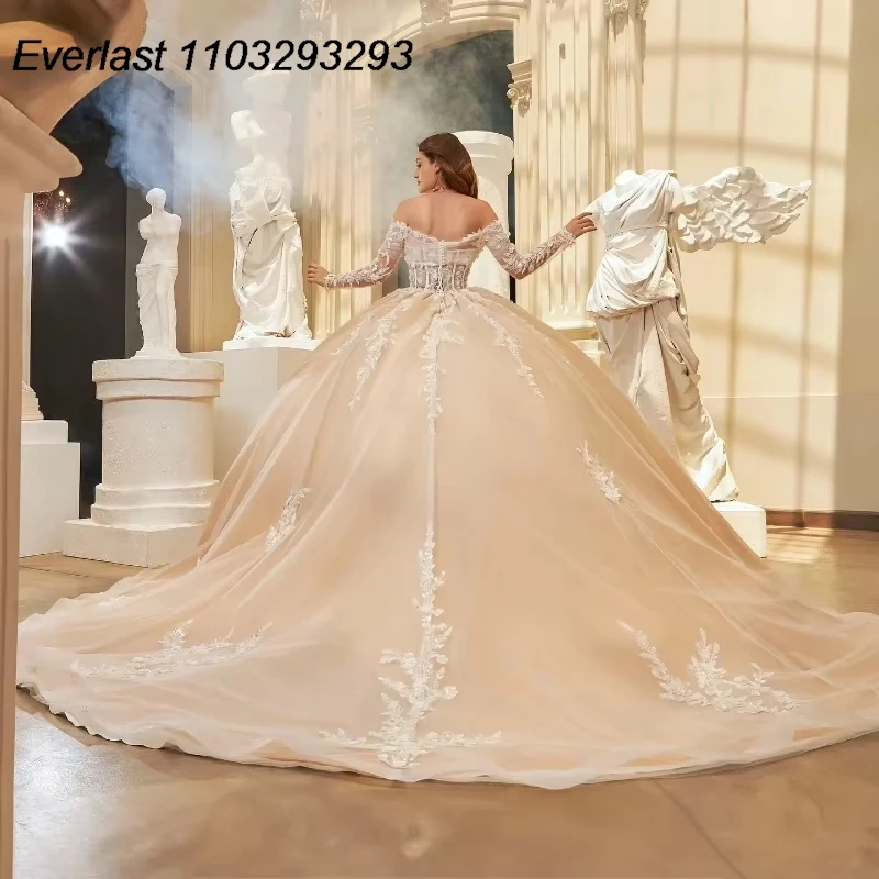 EVLAST Customized Mexican Champagne Quinceanera Dress Ball Gown White Lace Appliques Beading Sweet 16 Vestido De 15 Anos E1Q42