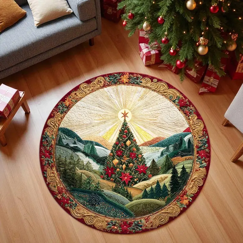 Christmas Tree Round Doormat Glowing Starburst,Holiday Landscape Carpet with Red Poinsettias Winter Floor Mat  Xmas Home Decor