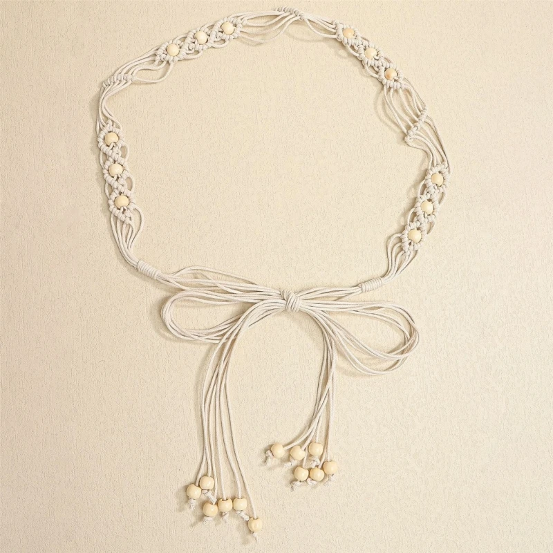 

39BB Women Bohemian Belt Handwoven Cotton Waist Chain Wooden Beads Ethnic Tassels Decoration Retro Style Multipurpose Use