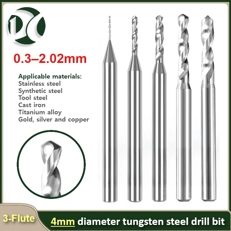 

Solid Carbide Micro Drill Bits for Mini CNC, Aluminum Drilling, External Cooling, 3-Flute Length, 4mm Shank, Dia 0.3–2.02mm