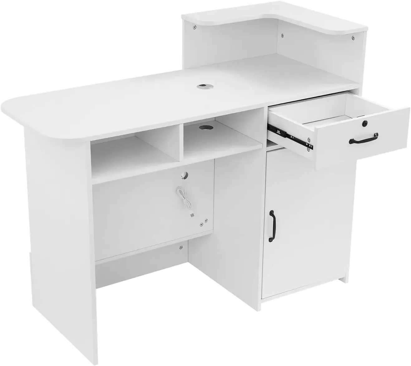 Reception Desk Cash Register Stand, Warm White MDF Modern Front Counter, 47x19.7x39in, Secure Drawer, Cabinet Storage, LED Light