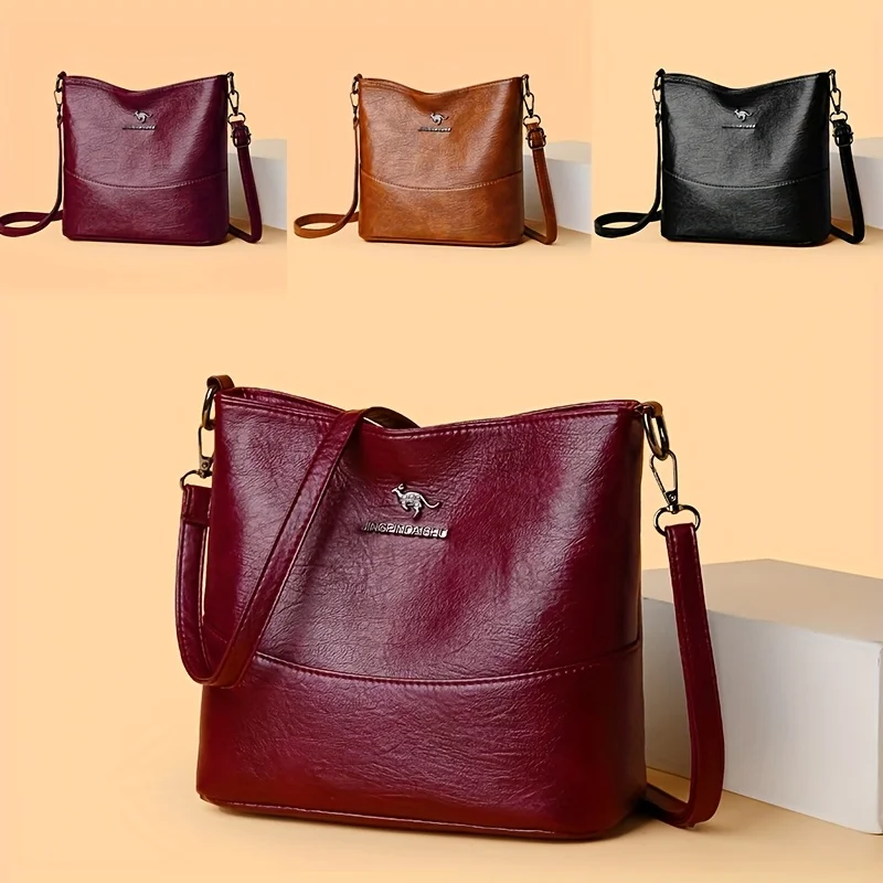 Fashion Soft Leather Crossbody Bag, Adjustable Strap Handbag Shoulder Purse with Logo, Casual Daily Shopping Satchel for Women