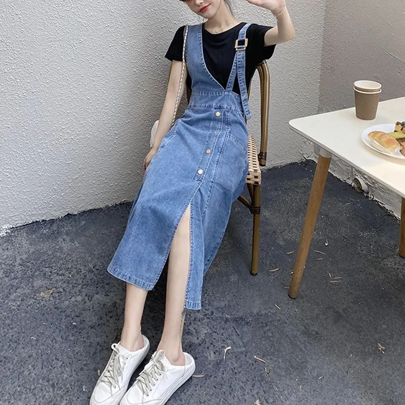 Casual Loose Overalls Dresses Summer Women Denim Dress Sundress Female Solid Adjustable Strap Jeans Dresses Straps Jean Vestidos