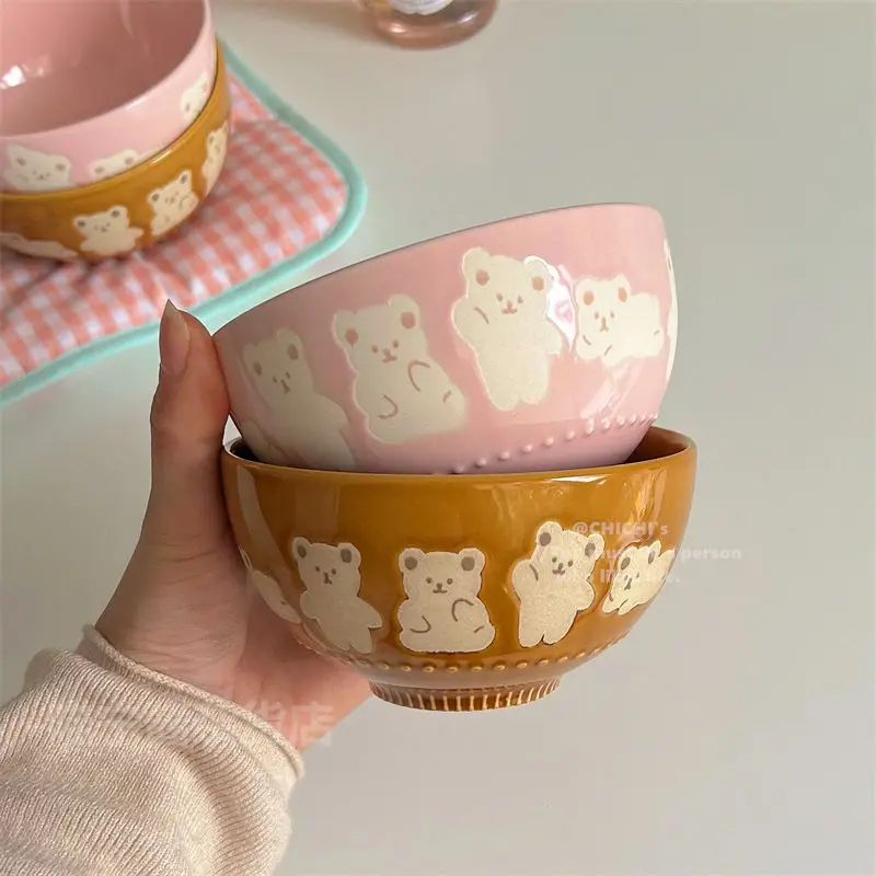 Relief Bear Bowl Cute Cartoon Rice Bowl Household Tableware Instagram Korean Home Yogurt Cereals Breakfast Dessert Ceramic Bowl