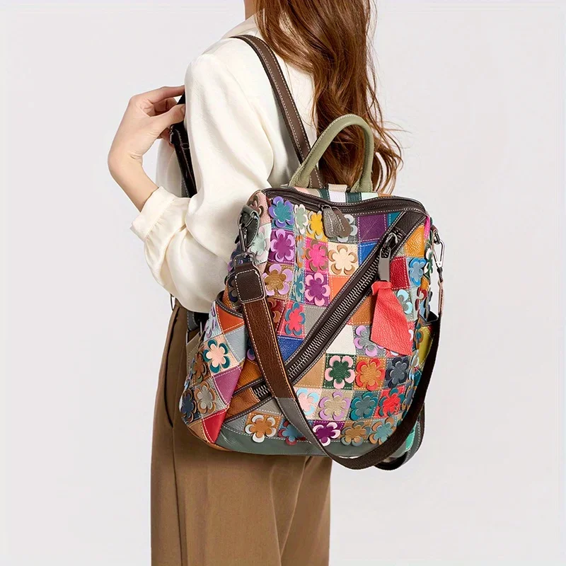 2025 New Spring Genuine Leather Backpack Color Splicing Women's Backpack Retro Women's Head Layer Leather Travel Backpack