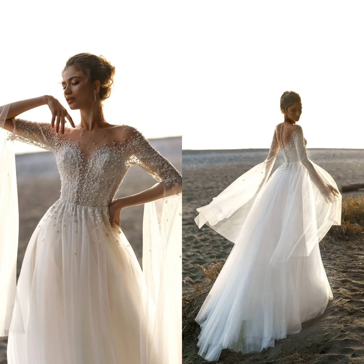 Boho vestidos de casamento para noiva alargamento manga longa robe de mariage beading casamento vestidos de hóspedes botões voltar vestido de novia