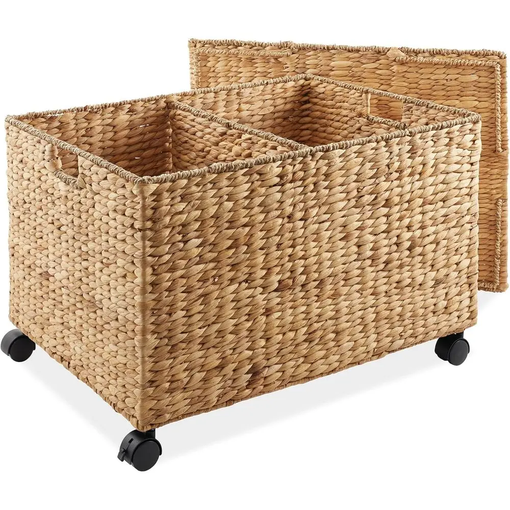 

Natural Woven Water Hyacinth Storage Basket with Lid and Locking Wheels for Recycling, Kitchen, Laundry, and Garage Organization