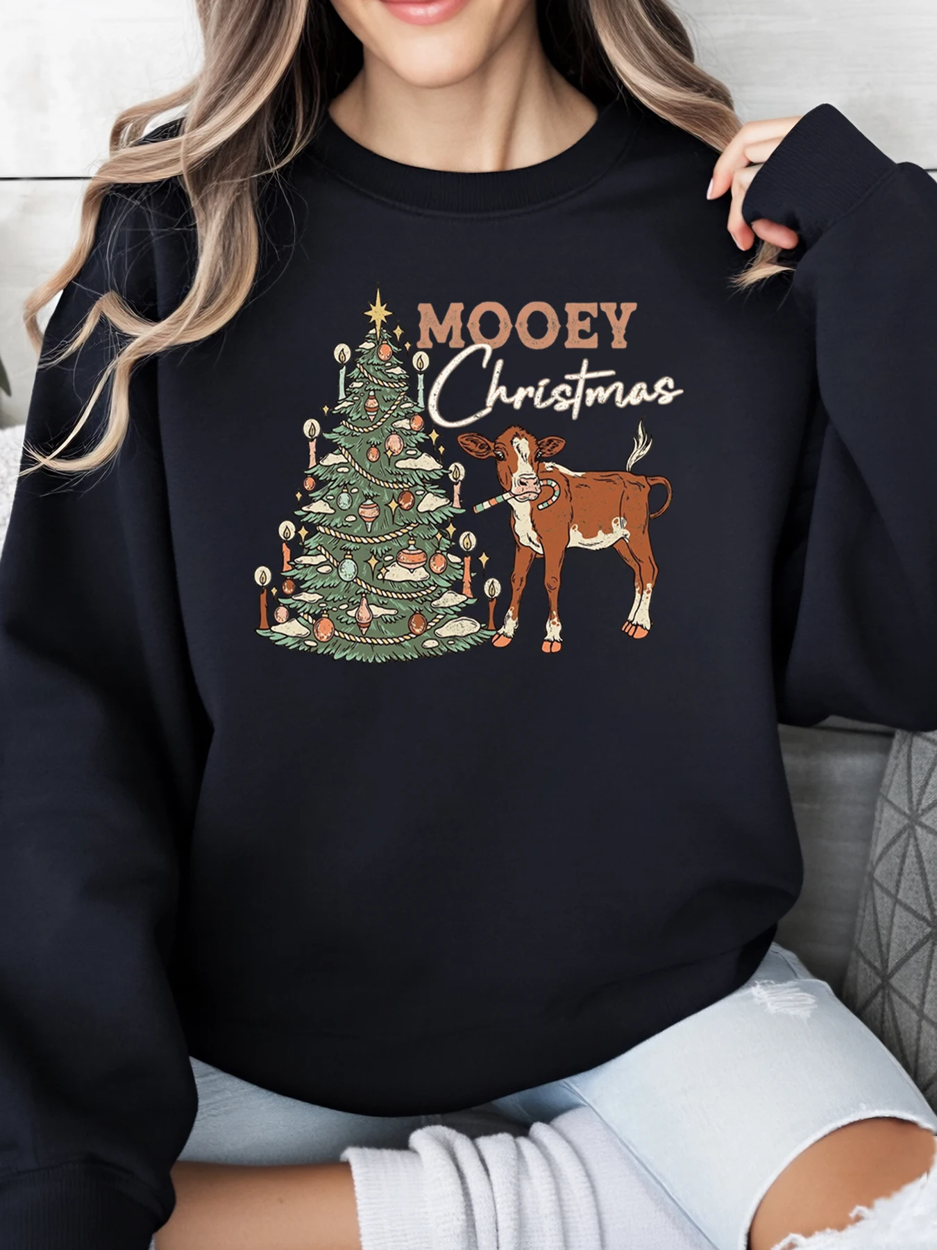 Mooey عيد الميلاد البقرة والشجرة طباعة عطلة البلوز المرأة ملابس شتوية غير رسمية أسود حجم كبير