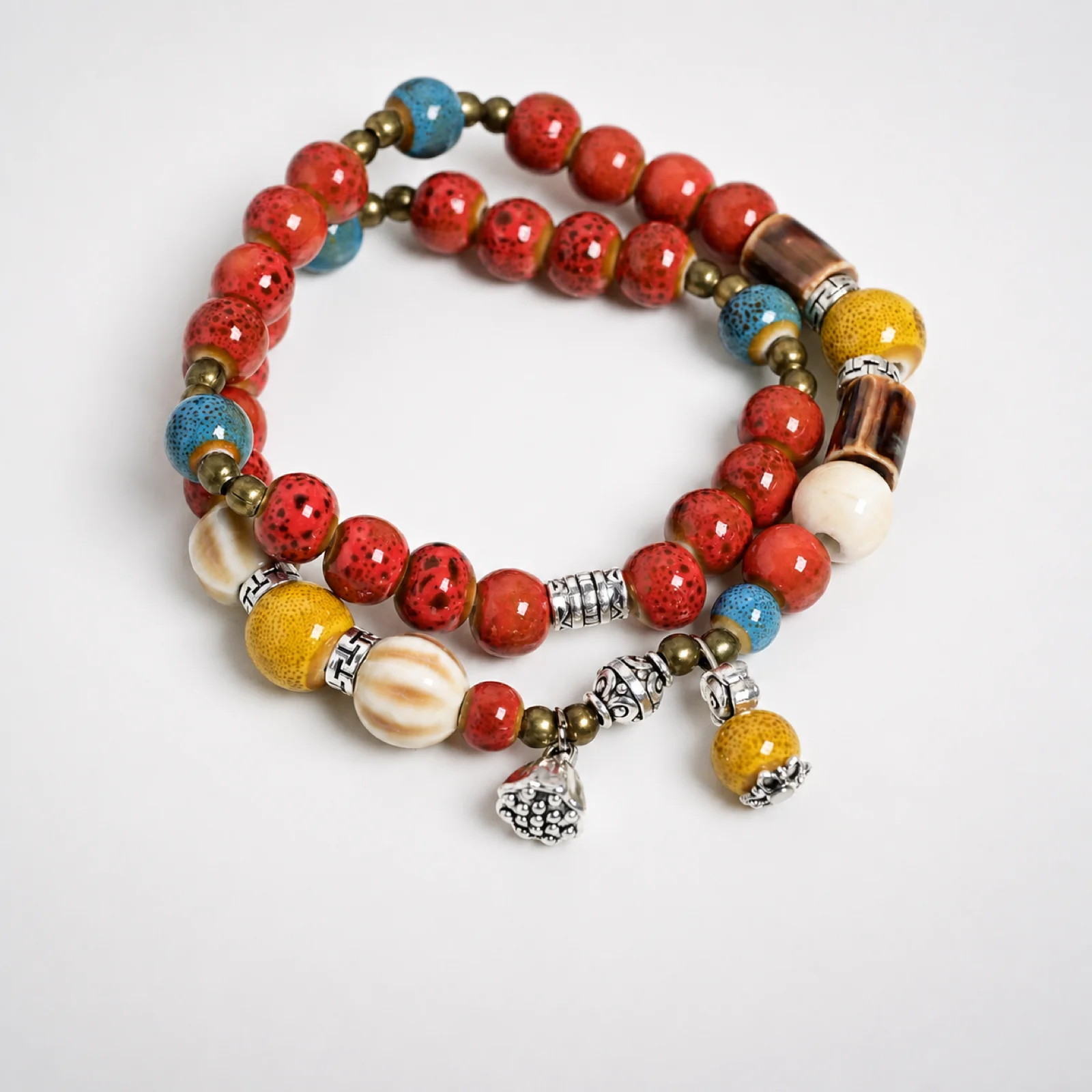 Ceramic Bead Lotus Seedpod Handmade Double Layer Bracelet Elastic Cord Handwoven Metal Accent Jewelry 608P12-07