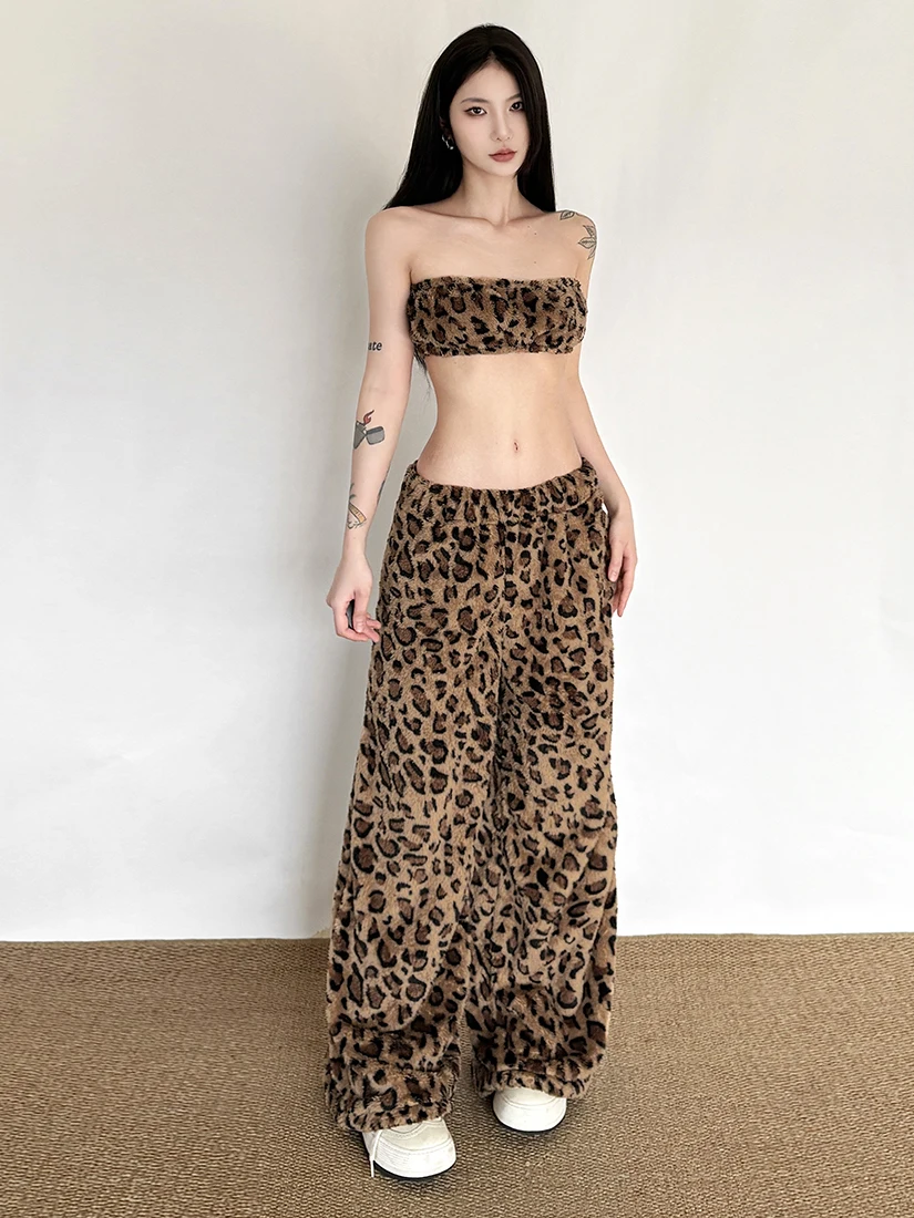 

Комплект SylCue American Sle: сексуальный укороченный топ и жилет с леопардовым принтом, повседневный свободный крой, модный женский комплект для зимы