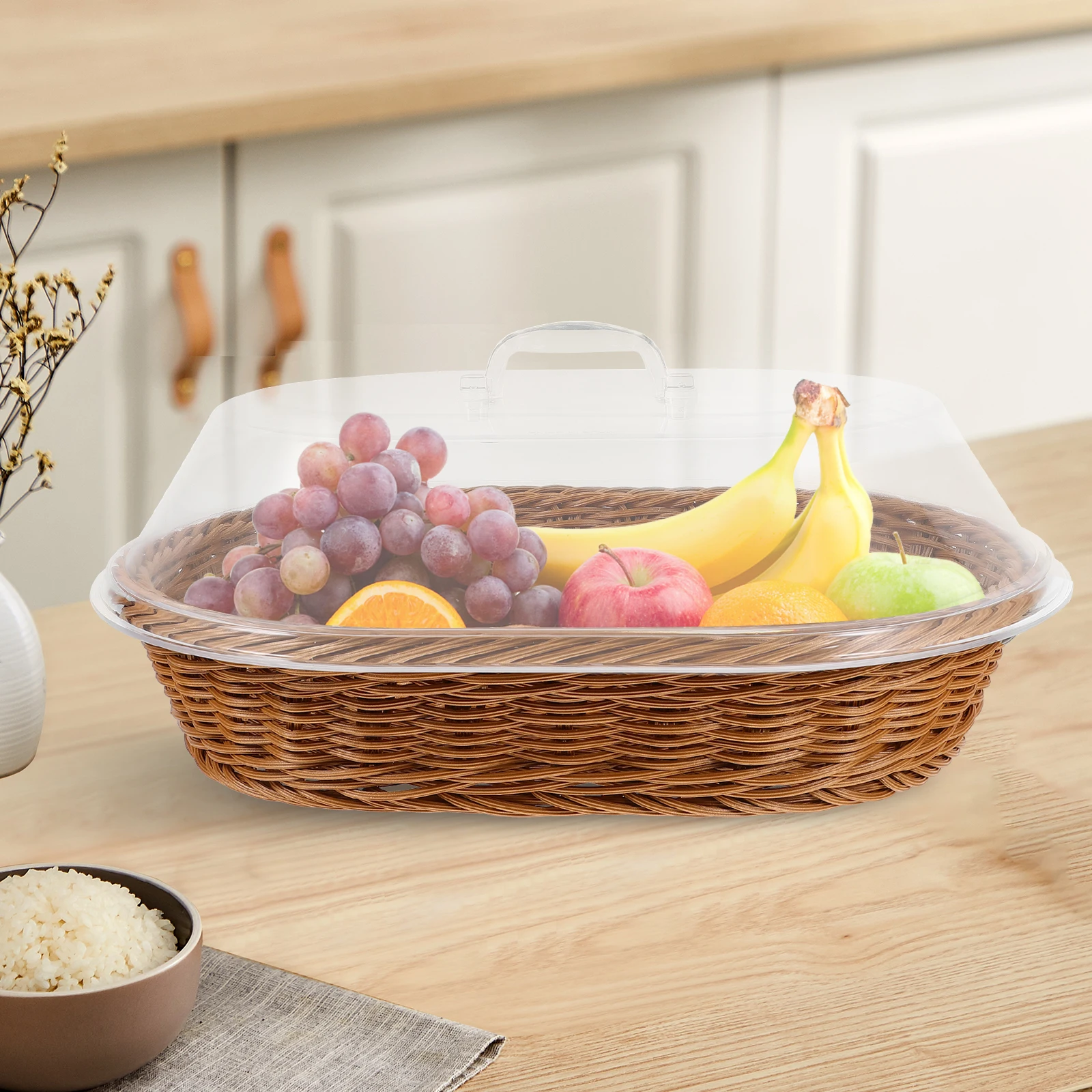 

1Pcs Transparent Lid Woven Food Preserving Basket Fruit Cake Dessert Serving Tray Organizing Basket