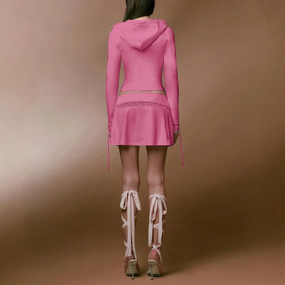 معاطف الخريف الربيع أزياء بارد الحلو سستة الدانتيل خياطة طويلة الأكمام مقنعين معاطف الشارع الشهير #4