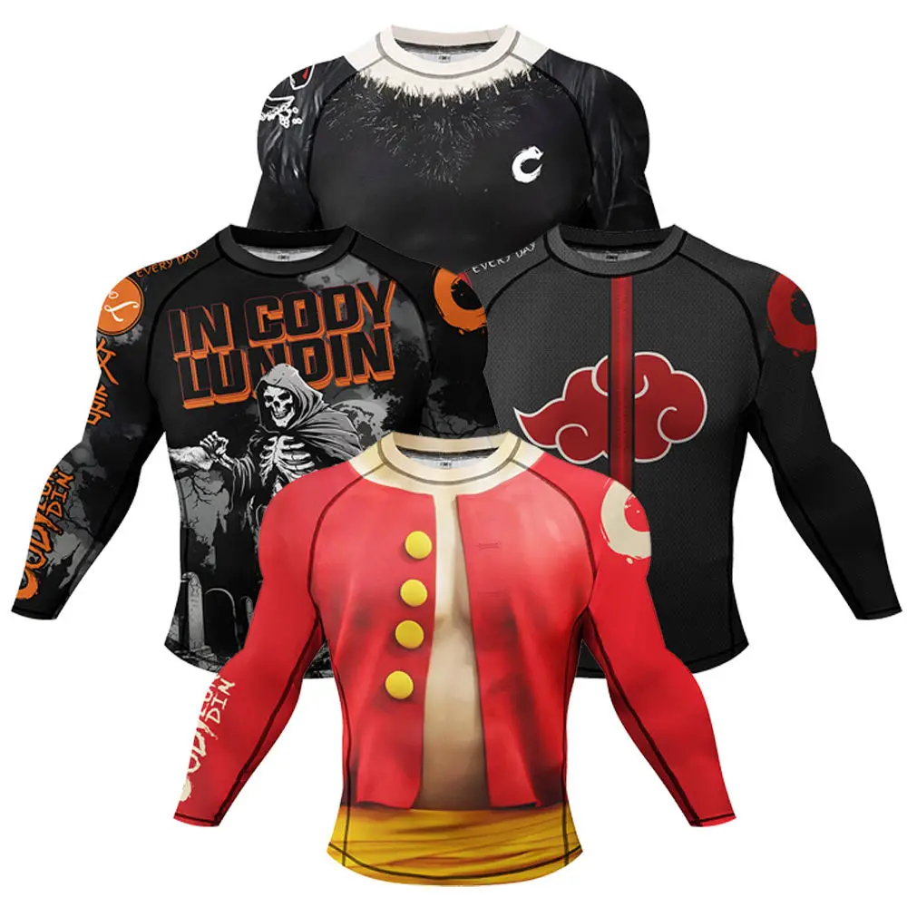 Rashguard wear mma camisetas masculinas camisa de compressão simulada manga longa camisas de boxe jiu jitsu manga longa rash guard surf nadar topos