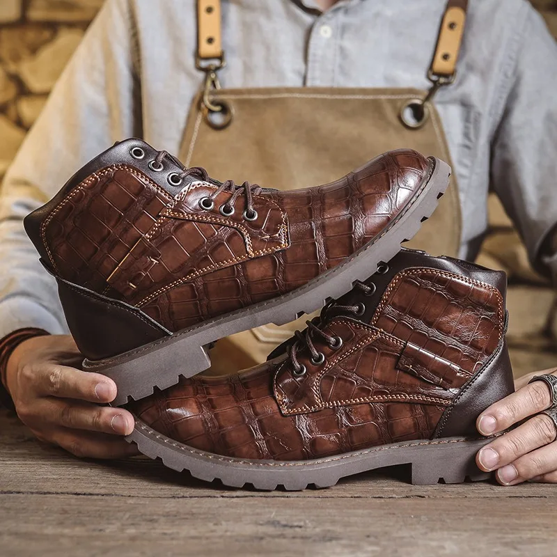 designer Crocodile shoes for man short ankle boots men vintage fashion motorcycle boots outdoor casual western style PU leather
