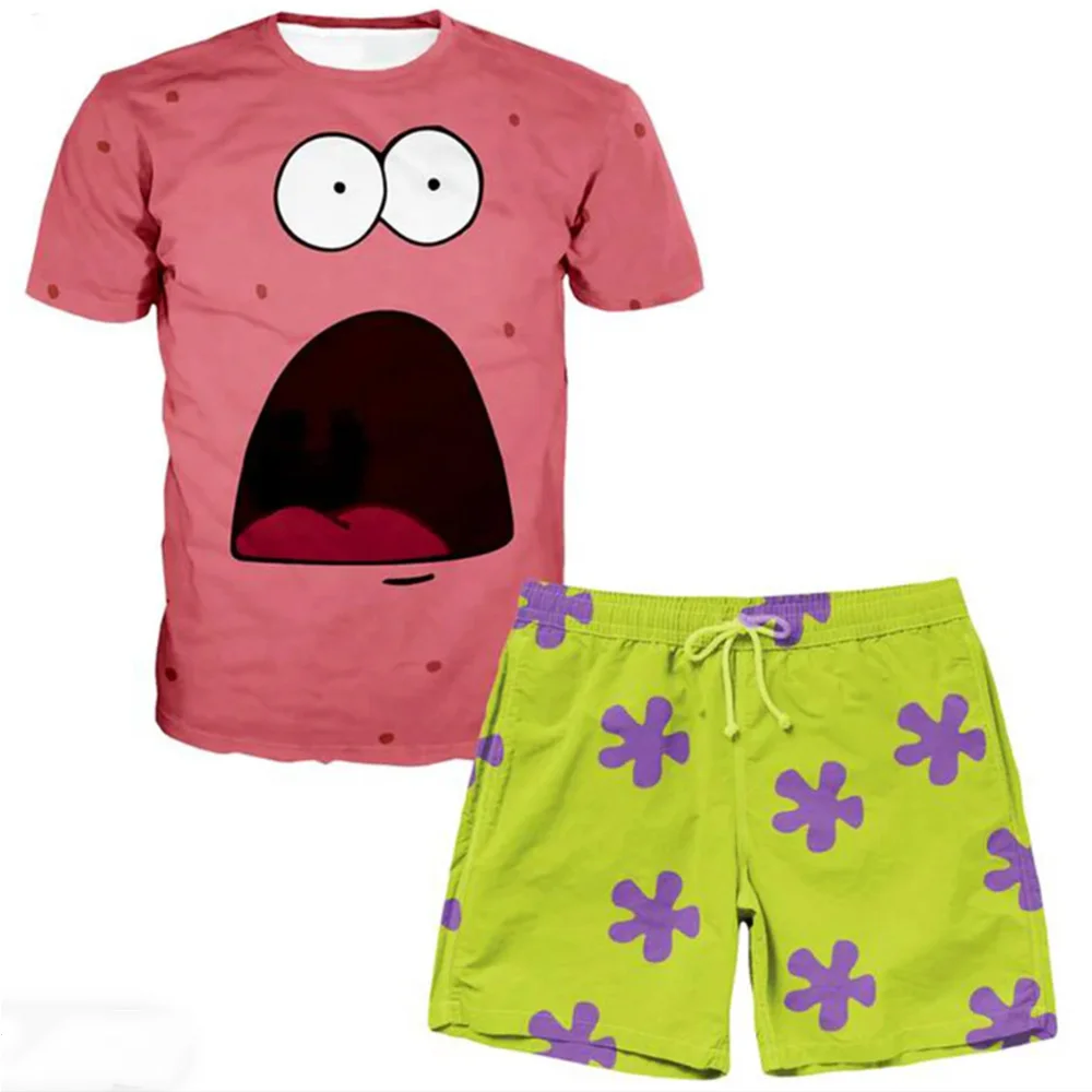 SpongeBob SquarePants Cartoon Casual Fashion Set Harajuku Street Men's and Women's Extra Large Short Sleeve Shorts Set Clothing