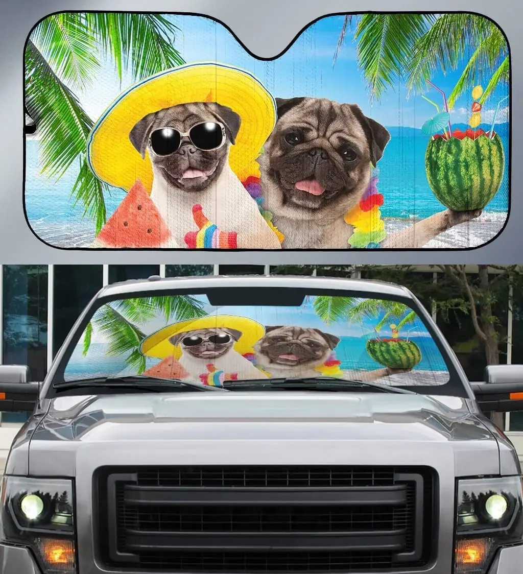 Hawaii Pug with Watermelon Juice in Summer Beach Coconut Tree Car Sunshade, Gift for Pug Lover, Hawaii Vibe Auto Sun Shade, Wind