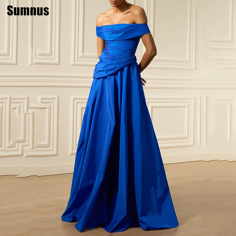 

Sumnus Elegant Navy Blue A-Line Prom Dress Off Shoulder Pleats Draped Formal Evening Dresses فساتين سهرة Customized