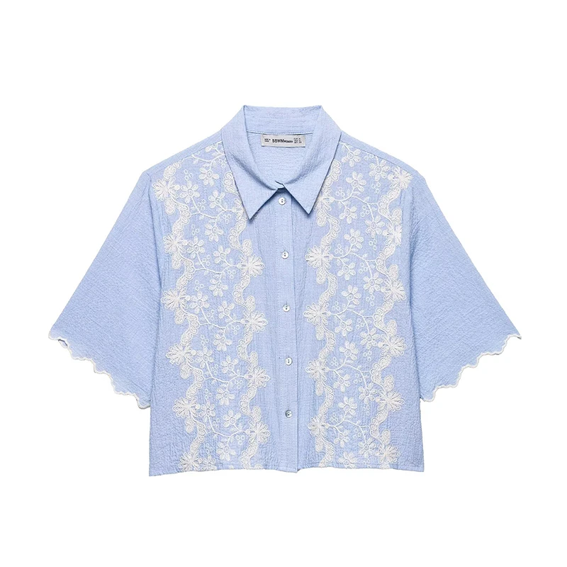 

RAFZNB Women's Fashion Embroidery Short Shirts Summer Short Sleeve Turn-down Collar Shirts Vintage Female Blouses Tops