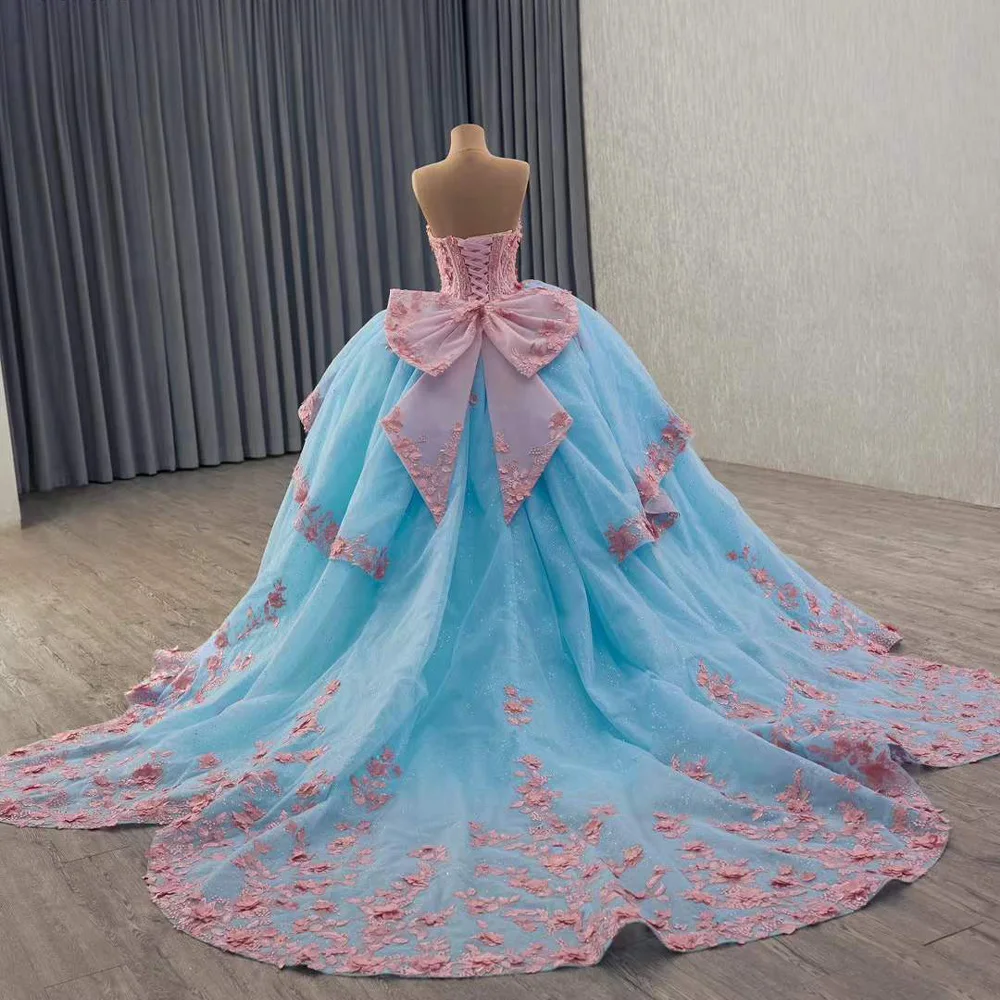 Vestidos De 15 Años De lujo 2025 Sweetheart Bow apliques con cordones en la espalda azul rosa vestido largo De fiesta De noche con mangas desmontables