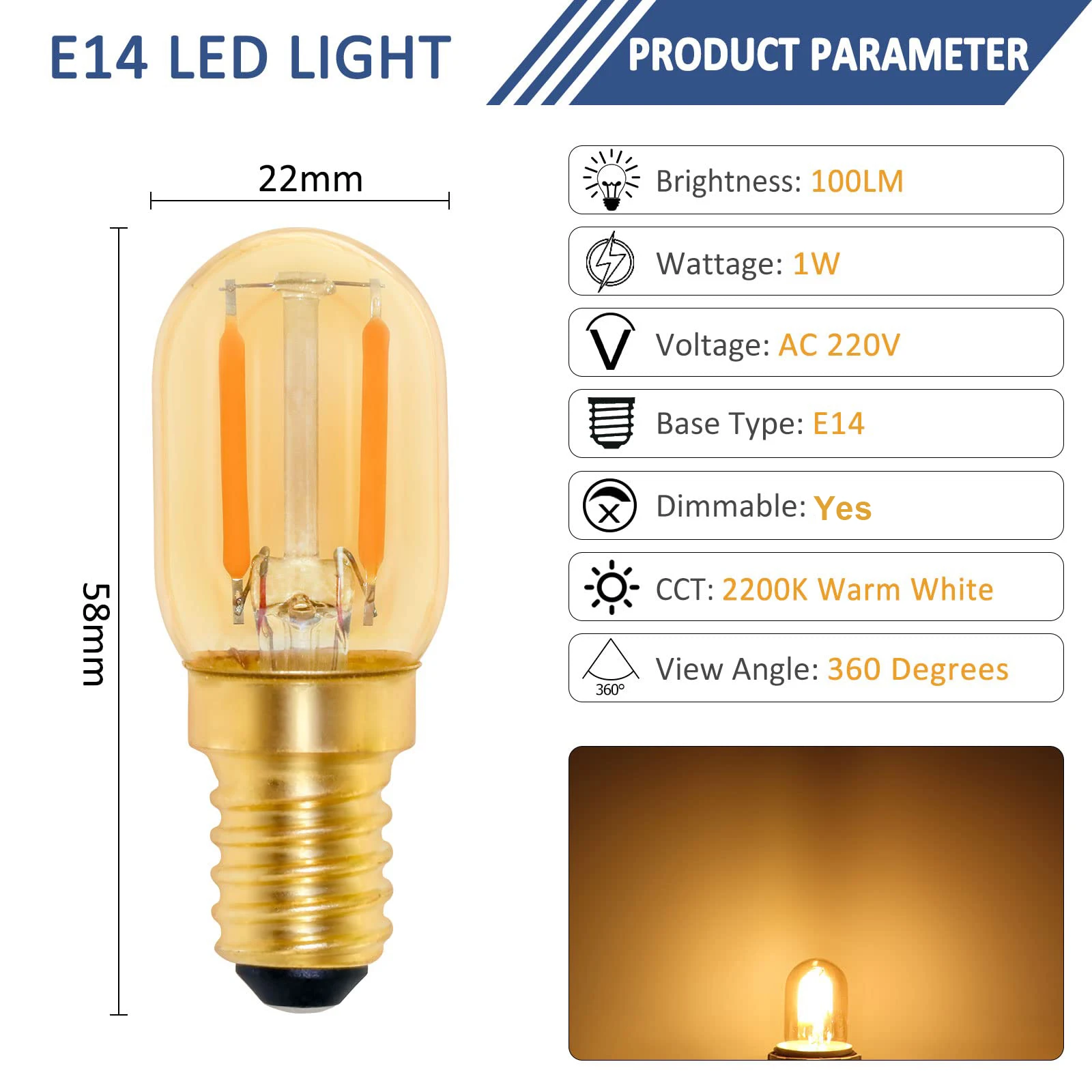 Imagem -02 - Lâmpadas de Noite Reguláveis Filamento Led Vintage Lâmpada de Sal Decorativa Mini E12 E14 Base T22g 1w Vidro Âmbar 2200k