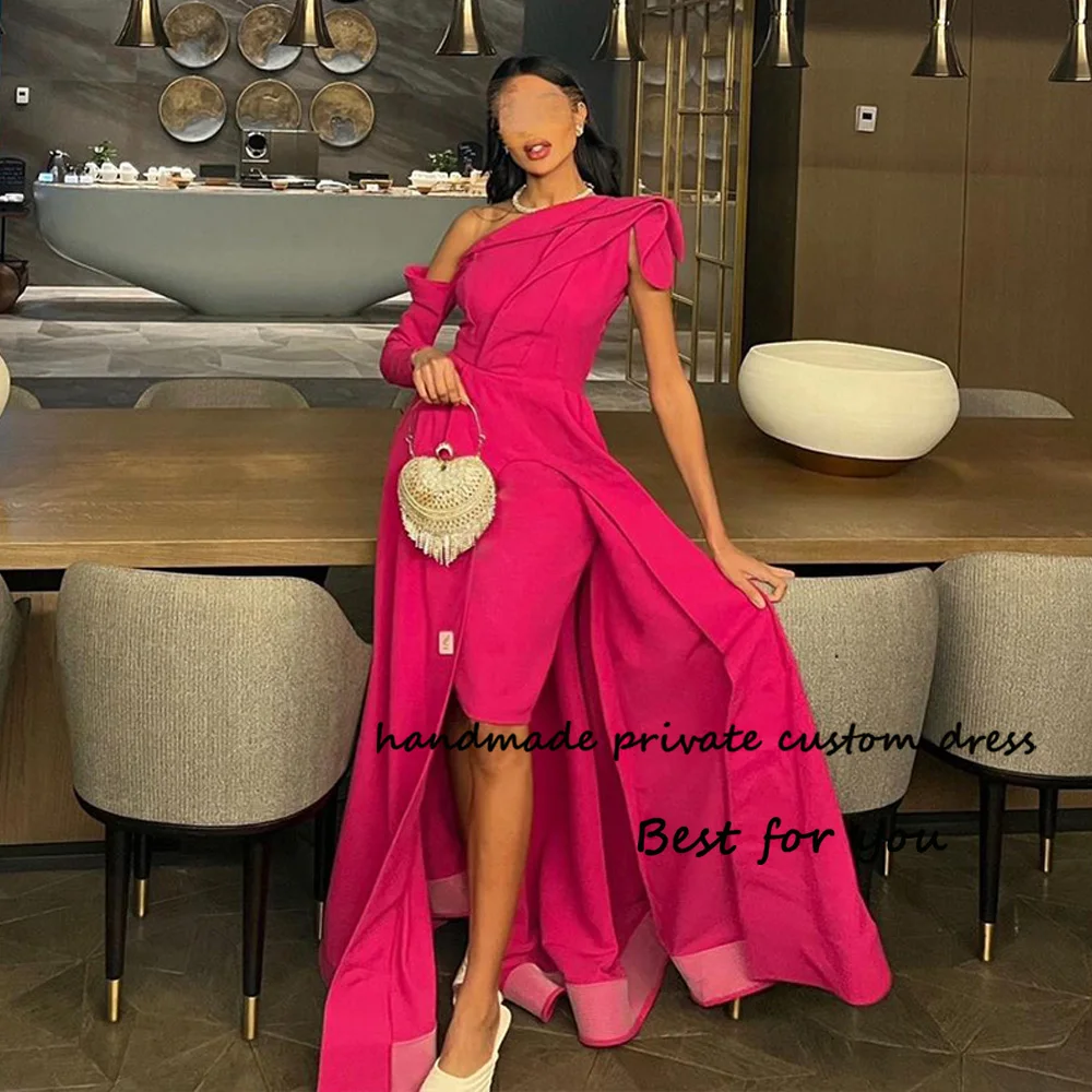 

Fuchsia Satin One Shoulder Evening Dresses Pleats Tight Long Prom Party Dress Dubai Arabic Formal Evening Gowns