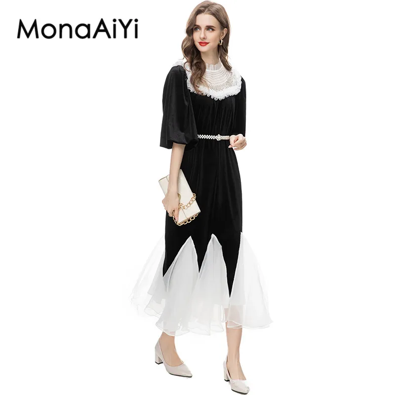 Monaiyi New Fashion Designer abito elegante retrò nero con paillettes a maniche corte con collo alto da donna