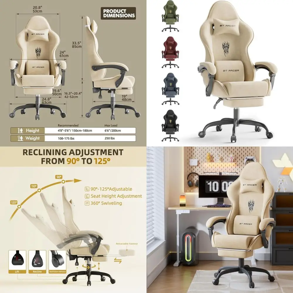 

Эргономичное игровое кресло из велюра с подставкой для ног, массажной функцией и поясничной опорой для взрослых, бежевое