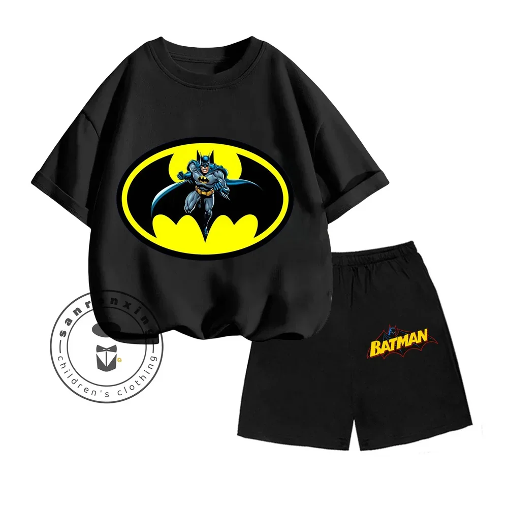 New Batman Anime Series Cartoon Character Print Design O-neck Exquisite Short Sleeves and Shorts Summer Children Two-piece Set