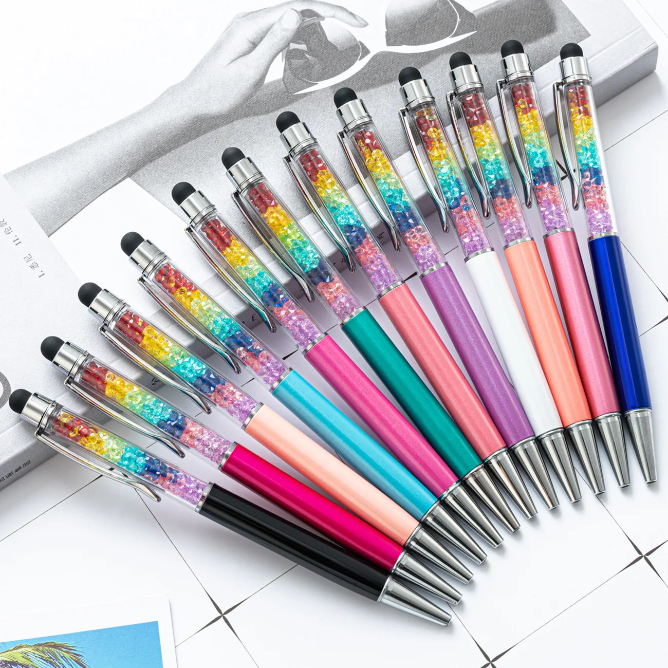 50Pcs Colorful Crystal metal ballpoint pen diamond Stylus touch screen capacitive pens