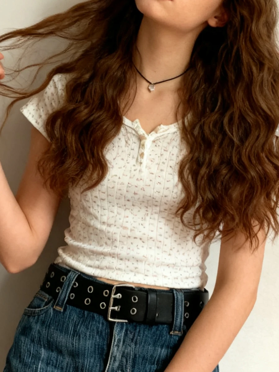 

Милая тонкая футболка с цветочным принтом, женская летняя милая футболка на пуговицах с круглым вырезом и длинными рукавами, ретро-шик, хлопковая футболка в стиле бохо, топы